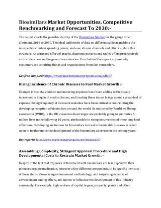 Biosimilars Market Opportunities, Competitive Benchmarking and Forecast To 2030