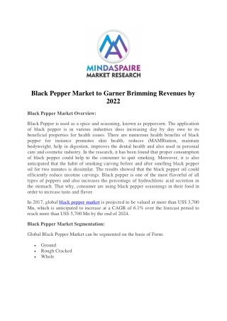 Black Pepper Market to Garner Brimming Revenues by 2022