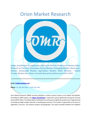 Adipic Acid Market: Global Market Size, Industry Trends, Leading Players, Market Share and Forecast 2019-2025