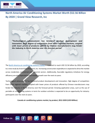 North America Air Conditioning Systems Market Is Anticipated to Witness Higher Demands Till 2020