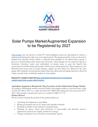 Solar Pumps Market Augmented Expansion to be Registered by 2027