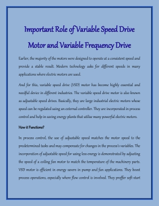 Important Role of Variable Speed Drive Motor and Variable Frequency Drive