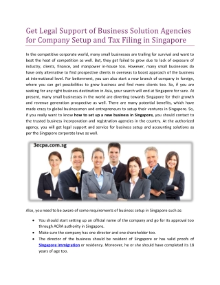 Get Legal Support of Business Solution Agencies for Company Setup and Tax Filing in Singapore