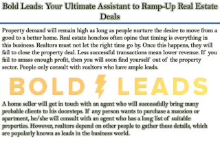 Bold Leads: Your Ultimate Assistant to Ramp-Up Real Estate Deals