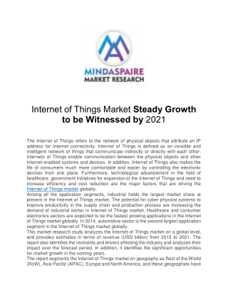 Internet of Things Market Steady Growth to be Witnessed by 2021