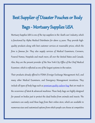 Best Supplier of Disaster Pouches or Body Bags Online - Mortuary Supplies USA