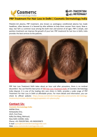 PRP Treatment For Hair Loss In Delhi-Cosmetic Dermatology India
