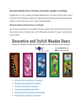 Decorative Wooden Doors, PVC Doors, Flush Doors Supplier in Tamilnadu