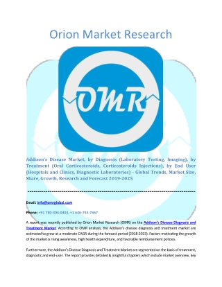 Addison’s Disease Diagnosis and Treatment Market Industry Size, Global Trends, Growth, Opportunities, Market Share and M