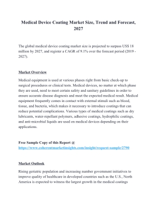 Medical Device Coating Market Size, Trend and Forecast, 2027