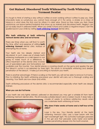 Get Stained, Discolored Teeth Whitened by Teeth Whitening Vermont Dentist