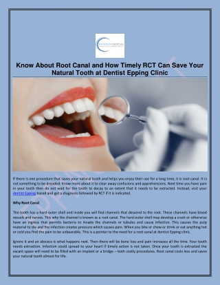 Know About Root Canal and How Timely RCT Can Save Your Natural Tooth at Dentist Epping Clinic