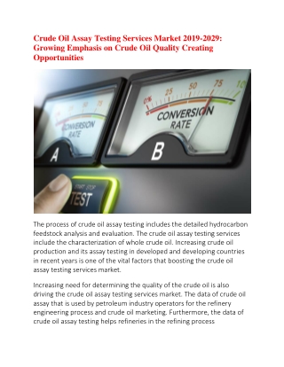 Global Crude Oil Assay Testing Demand Forecast Market research to Witness a Pronounce Growth During 2019-2029