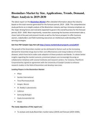 Biosimilars Market by Size, Applications, Trends, Demand, Share Analysis to 2019-2030