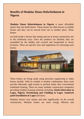 Are you looking for Modular House Refurbishment in Nigeria