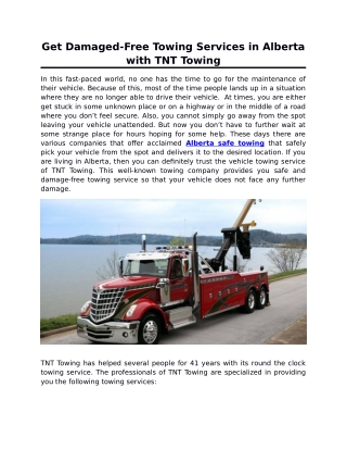 Get Damaged-Free Towing Services in Alberta with TNT Towing