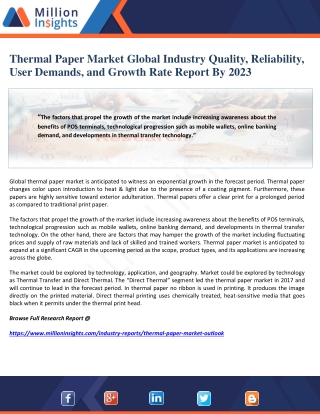 Thermal Paper Market Global Industry Quality, Reliability, User Demands, and Growth Rate Report By 2023