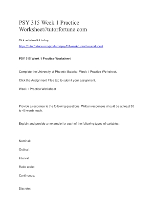 PSY 315 Week 1 Practice Worksheet//tutorfortune.com