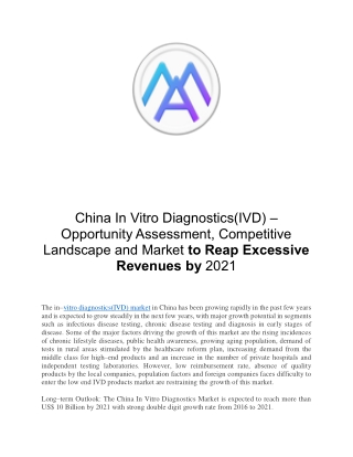 China In Vitro Diagnostics(IVD) – Opportunity Assessment, Competitive Landscape and Market to Reap Excessive Revenues by