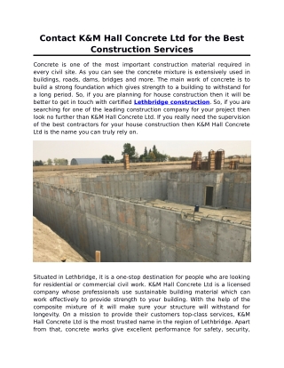 Contact K&M Hall Concrete Ltd for the Best Construction Services