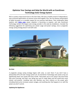 Optimize Your Savings and Help the World with an EvenGreen Technology Solar Energy System