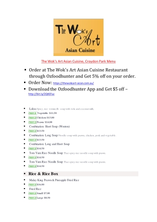 15% Off - The Wok's Art Asian Cuisine-Croydon Park - Order Food Online