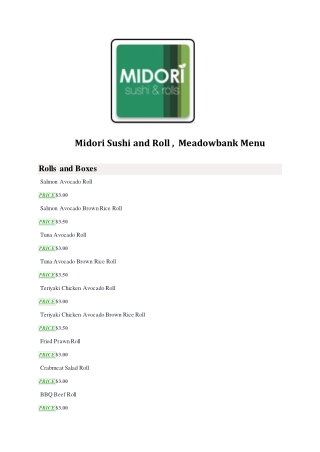 25% Off -Midori Sushi and Roll-Meadowbank - Order Food Online