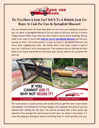 Do You Have A Junk Car? Sell It To A Reliable Junk Car Buyer At Cash For Cars In Springfield Missouri!