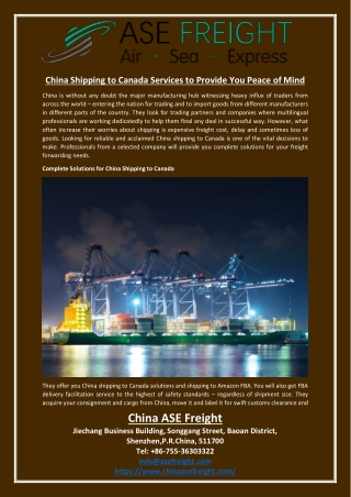 China Shipping to Canada Services to Provide You Peace of Mind