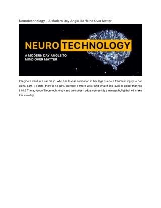 Neurotechnology – A Modern Day Angle To ‘Mind Over Matter’