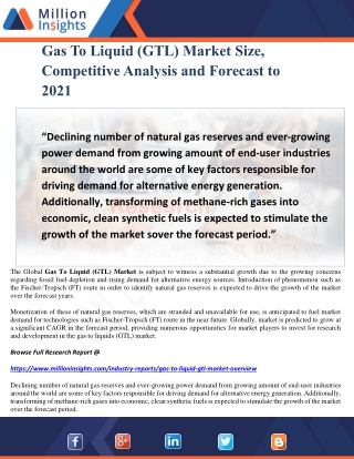 Gas To Liquid (GTL) Market Size, Competitive Analysis and Forecast to 2021