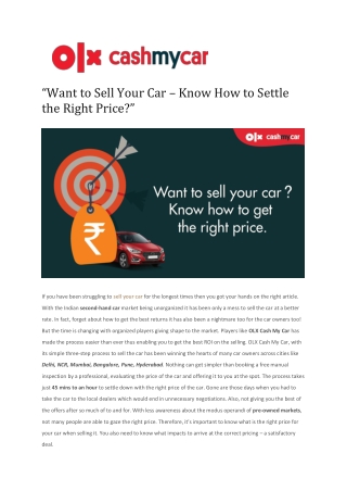 Want to Sell Your Car – Know How to Settle the Right Price?
