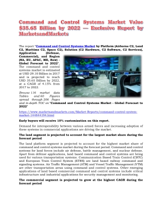 Command and Control Systems Market Value $35.65 Billion by 2022 — Exclusive Report by MarketsandMarkets