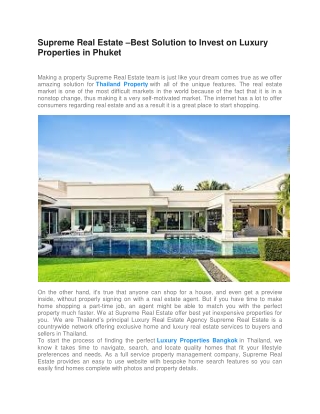 Supreme Real Estate –Best Solution to Invest on Luxury Properties in Phuket