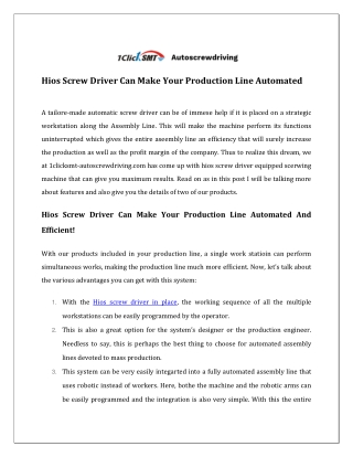 Hios Screw Driver Can Make Your Production Line Automated