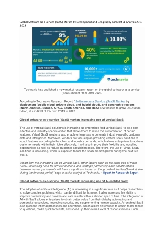 Global Software as a Service (SaaS) Market by Deployment and Geography Forecast & Analysis 2019-2023