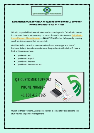 EXPERIENCE OUR 24/7 HELP AT QUICKBOOKS PAYROLL SUPPORT PHONE NUMBER 1 800-417-3165