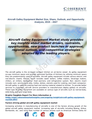 Aircraft Galley Equipment Market Size, Share, Outlook, and Opportunity Analysis, 2019 – 2027