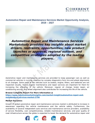 Automotive Repair and Maintenance Services Market Opportunity Analysis, 2019 – 2027