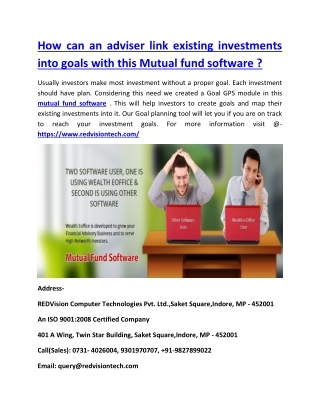 How can an adviser link existing investments into goals with this Mutual fund software ?