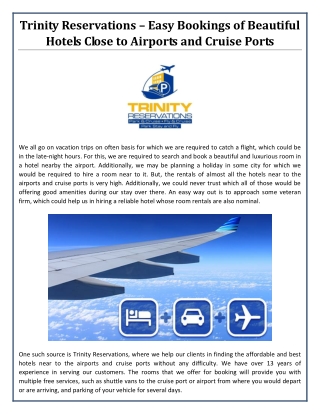 Trinity Reservations – Easy Bookings of Beautiful Hotels Close to Airports and Cruise Ports