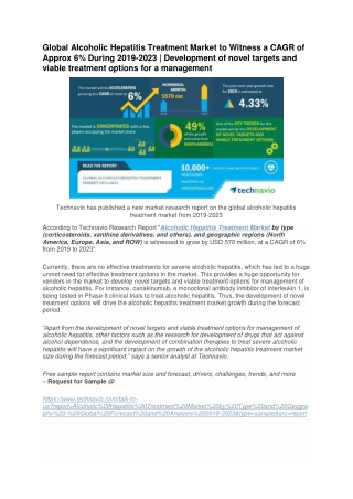 Global Alcoholic Hepatitis Treatment Market Growth-Demand, Industry Analysis, Research and share | Forecast 2019