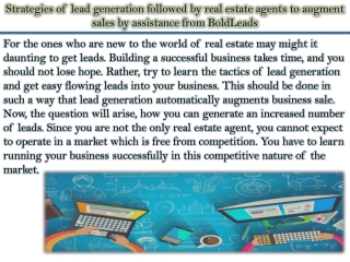 Strategies of lead generation followed by real estate agents to augment sales by assistance from BoldLeads