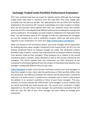 Exchange Traded Funds Portfolio Performance Evaluation