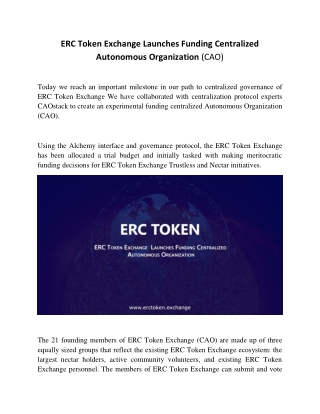 ERC Token Exchange Launches Funding Centralized Autonomous Organization (CAO)