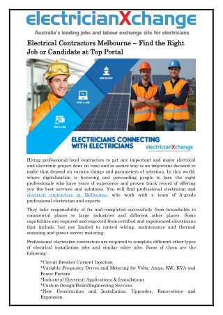 Electrical Contractors Melbourne – Find the Right Job or Candidate at Top Portal