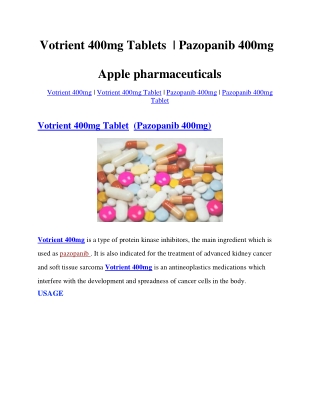 Votrient 400MG TABLET | Pazopanib | Apple pharmaceuticals