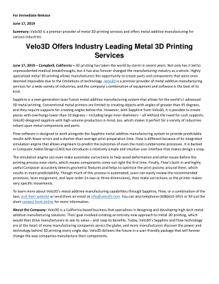 Velo3D Offers Industry Leading Metal 3D Printing Services
