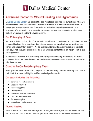 Advanced Center for Wound Healing and Hyperbarics at Dallas medical center