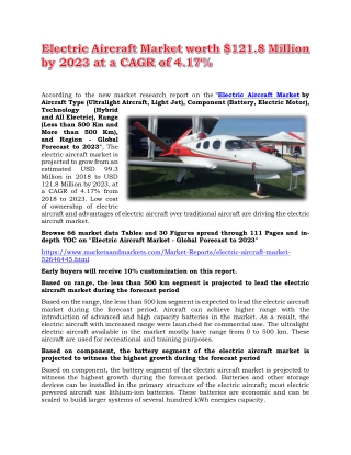 Electric Aircraft Market worth $121.8 Million by 2023 at a CAGR of 4.17%